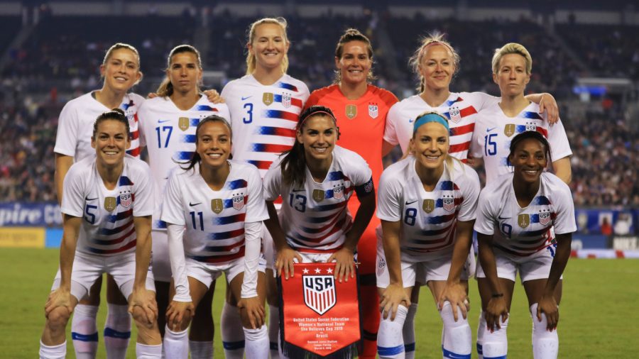 The members of the U.S. women's national soccer team filed a lawsuit Friday against U.S. Soccer, accusing it of gender discrimination. The starting 11 are seen here before playing Brazil earlier this week in Tampa, Fla.